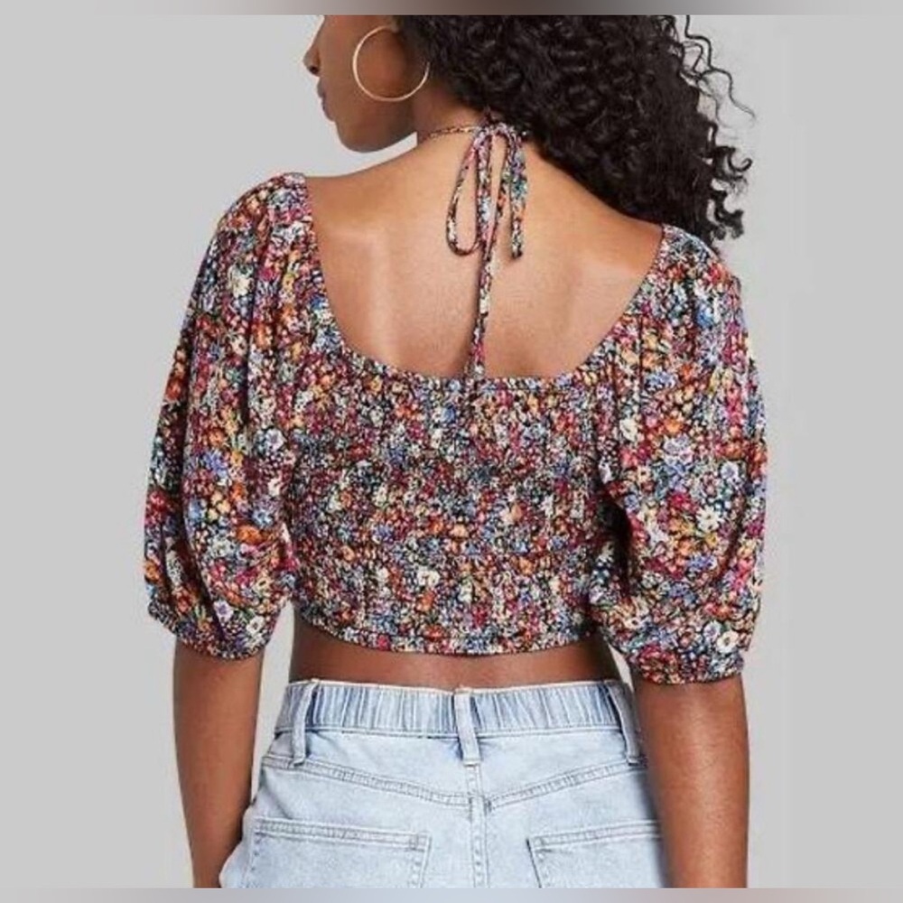 wild fable Balloon Sleeve Crop Top, Smocked Back, Floral Print, Size Small - Picture 3 of 8